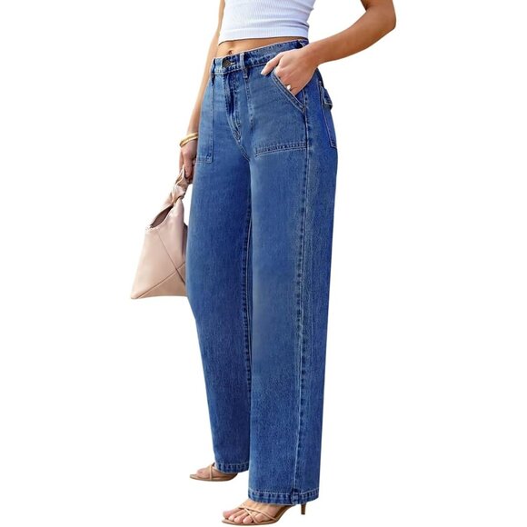 Womens Wide Leg High Waisted Jeans Cotton Polyester Spandex Casual Flap Pockets - Picture 3 of 6